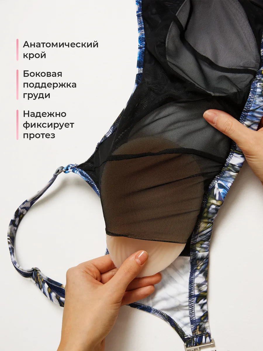 Купальник после мастэктомии ортопедический раздельный синий/бирюзовый/черный